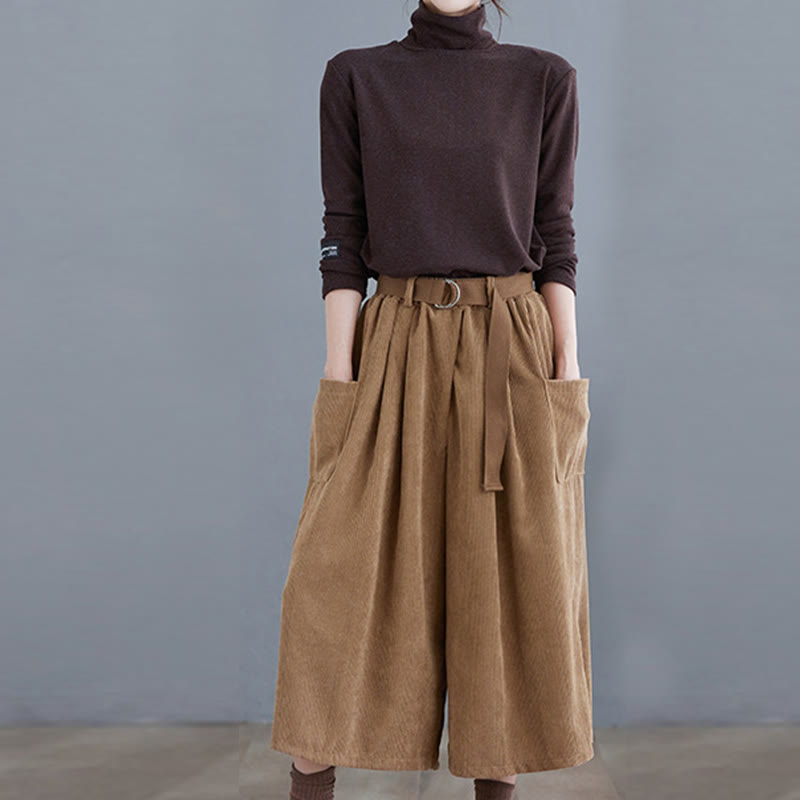 Buddha Stones Retro Damen-Cordhose mit weitem Bein, Länge 7-8, mit Taschen und Gürtel - image 5