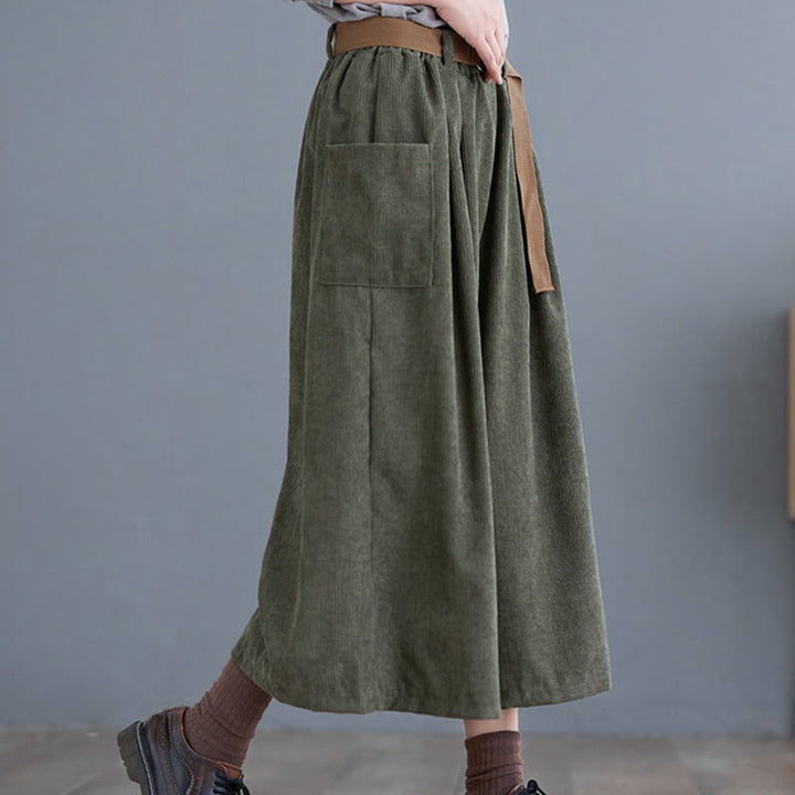 Buddha Stones Retro Damen Weites Bein 7-8 Länge Cord Baumwollhose mit Taschen Gürtel - image 13