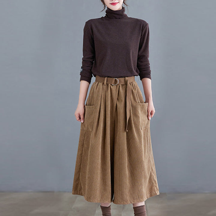 Buddha Stones Retro Damen Weites Bein 7-8 Länge Cord Baumwollhose mit Taschen Gürtel - image 5
