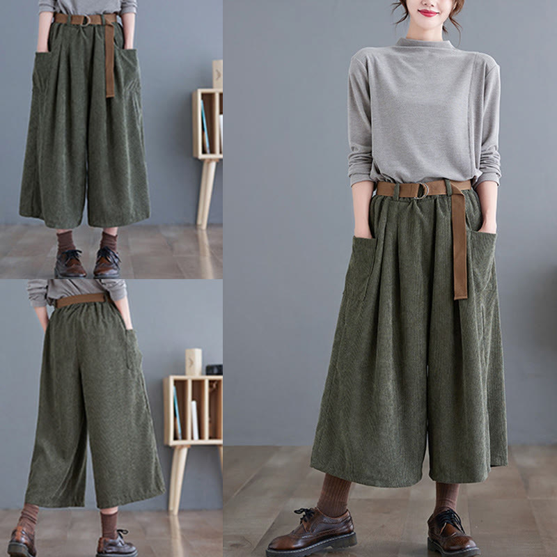 Buddha Stones Retro Damen Weites Bein 7-8 Länge Cord Baumwollhose mit Taschen Gürtel - image 16