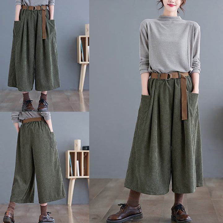 Buddha Stones Retro Damen Weites Bein 7-8 Länge Cord Baumwollhose mit Taschen Gürtel - image 16