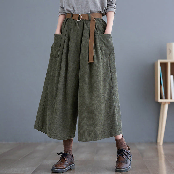 Buddha Stones Retro Damen Weites Bein 7-8 Länge Cord Baumwollhose mit Taschen Gürtel - DunkelOlivGrün - US12， UK/AU16，EU44 (2XL) - image 12
