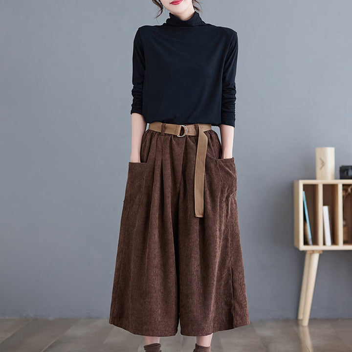 Buddha Stones Retro Damen Weites Bein 7-8 Länge Cord Baumwollhose mit Taschen Gürtel - image 21