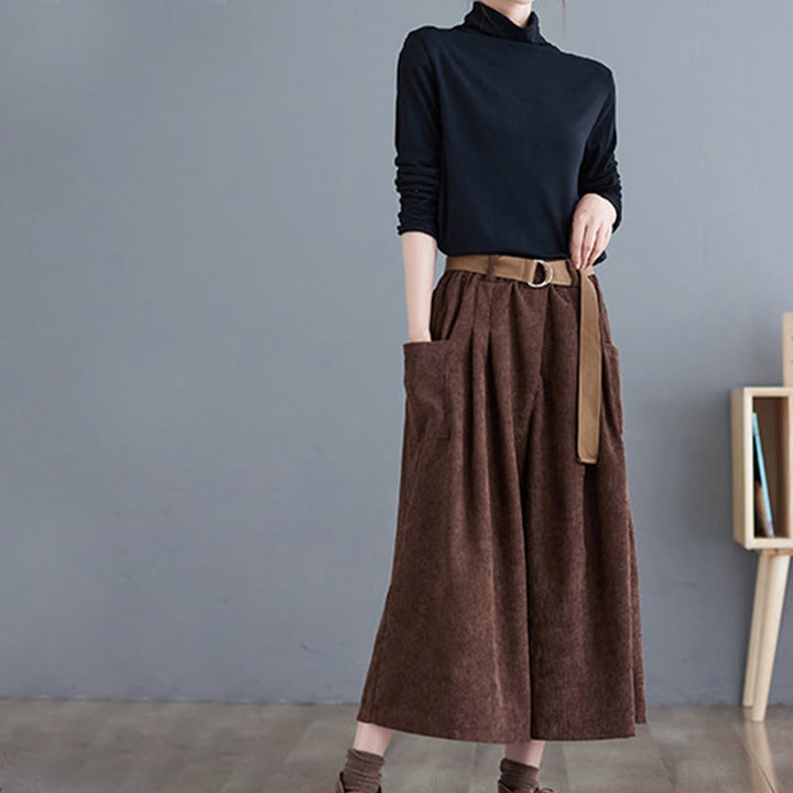 Buddha Stones Retro Damen Weites Bein 7-8 Länge Cord Baumwollhose mit Taschen Gürtel - image 22