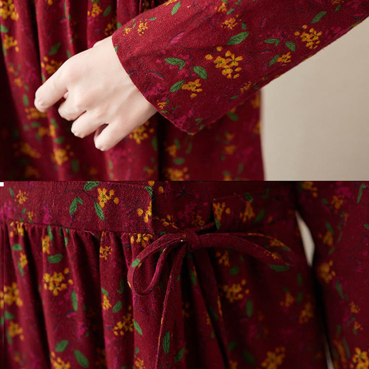 Buddha Stones Ethno-Druck Blumen Langarm Knöpfe Design Baumwolle Leinen Midikleid mit Taschen - image 18