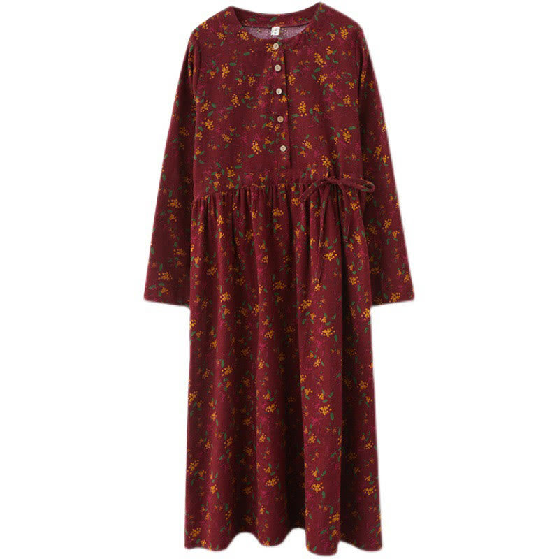 Buddha Stones Ethno-Druck Blumen Langarm Knöpfe Design Baumwolle Leinen Midikleid mit Taschen - image 21