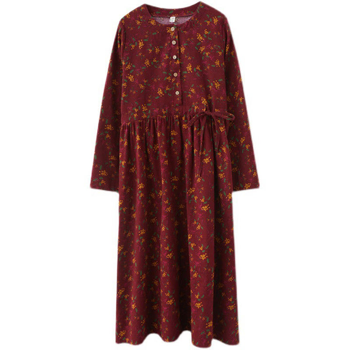 Buddha Stones Ethno-Druck Blumen Langarm Knöpfe Design Baumwolle Leinen Midikleid mit Taschen - image 21