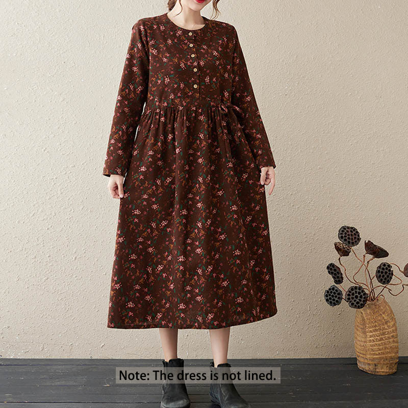 Buddha Stones Ethno-Druck Blumen Langarm Knöpfe Design Baumwolle Leinen Midikleid mit Taschen - image 2