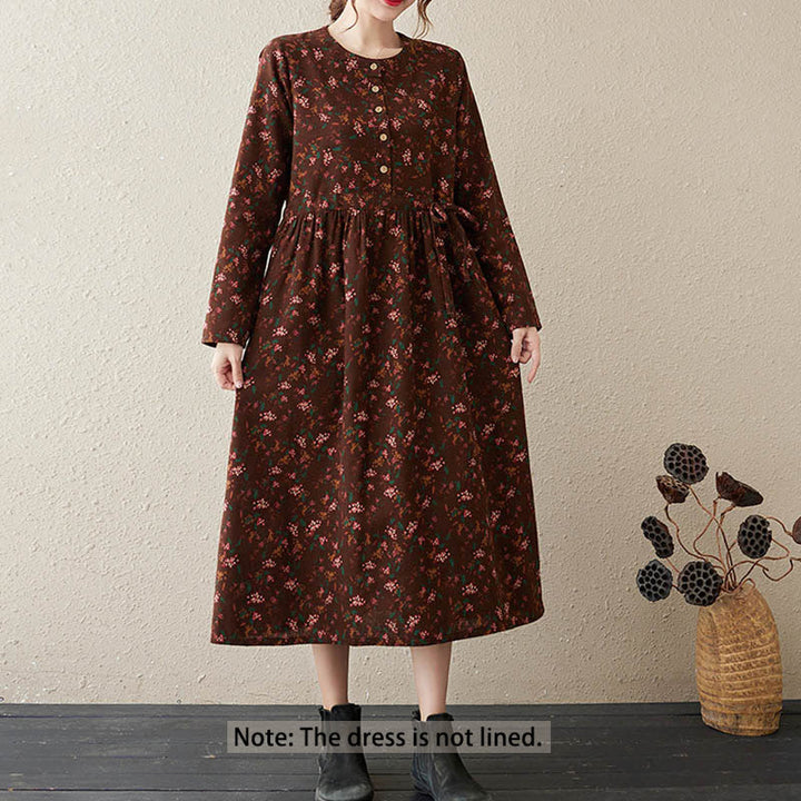 Buddha Stones Ethno-Druck Blumen Langarm Knöpfe Design Baumwolle Leinen Midikleid mit Taschen - image 2