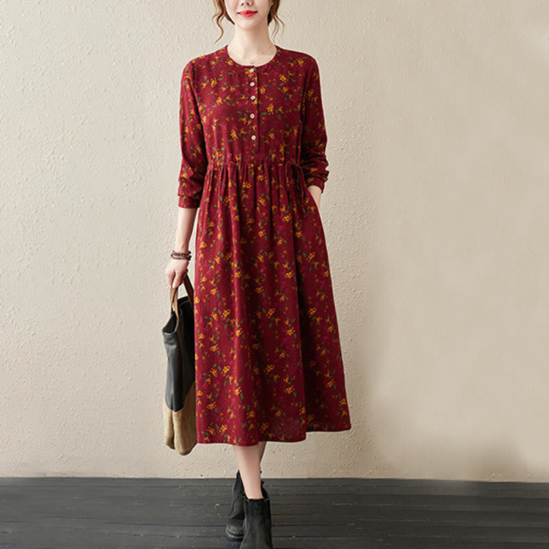 Buddha Stones Ethno-Print Blumenmuster Langarm Knopfleiste Midikleid mit Taschen - image 14