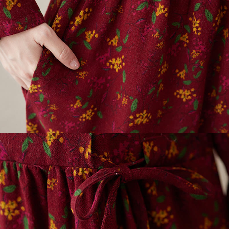 Buddha Stones Ethno-Druck Blumen Langarm Knöpfe Design Baumwolle Leinen Midikleid mit Taschen - image 19