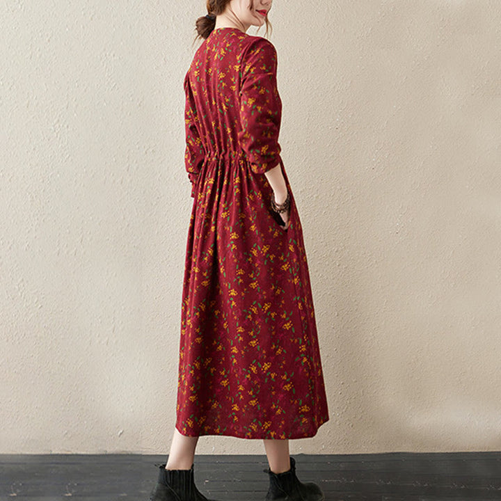 Buddha Stones Ethno-Print Blumenmuster Langarm Knopfleiste Midikleid mit Taschen - image 13
