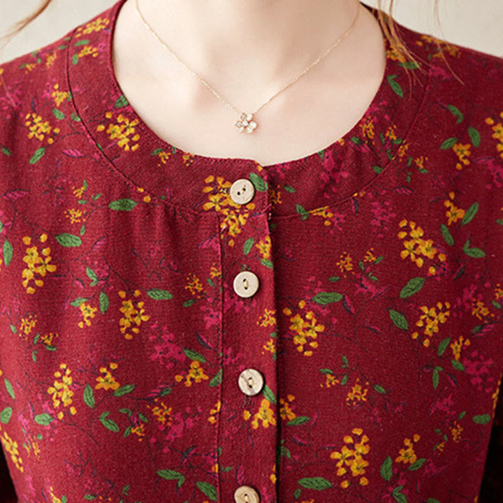 Buddha Stones Ethno-Print Blumenmuster Langarm Knopfleiste Midikleid mit Taschen - image 15