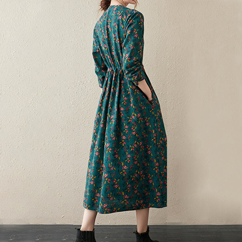 Buddha Stones Ethno-Druck Blumen Langarm Knöpfe Design Baumwolle Leinen Midikleid mit Taschen - image 9