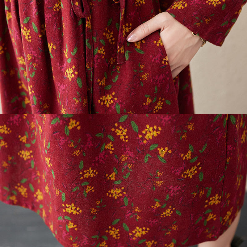 Buddha Stones Ethno-Print Blumenmuster Langarm Knopfleiste Midikleid mit Taschen - image 19