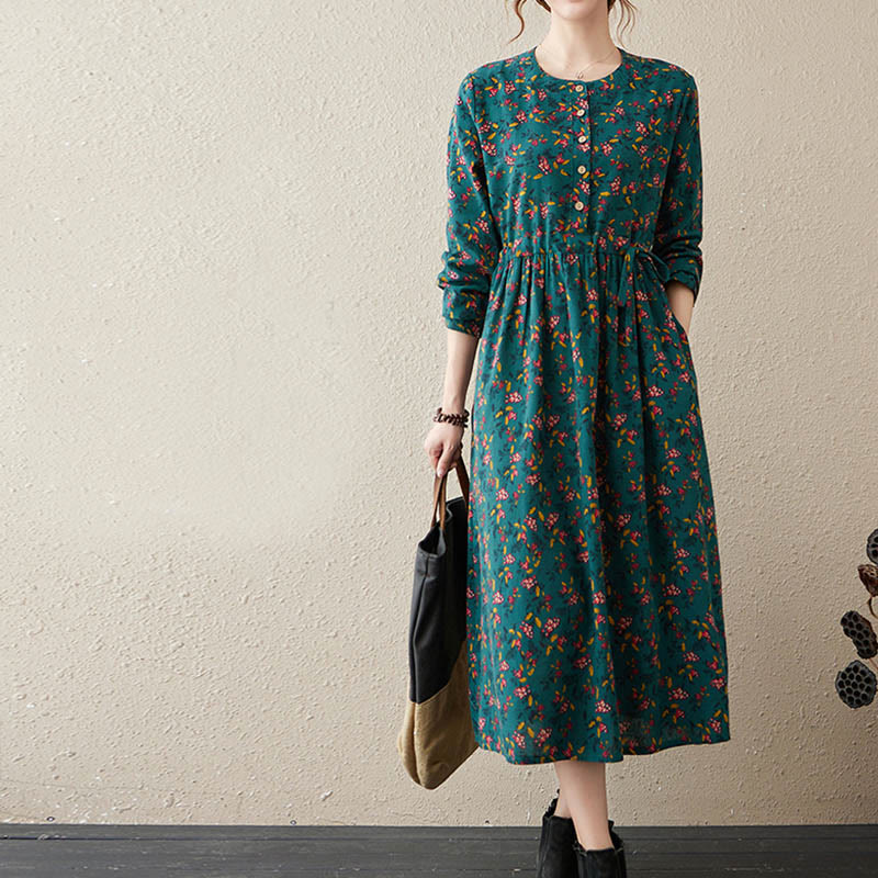 Buddha Stones Ethno-Druck Blumen Langarm Knöpfe Design Baumwolle Leinen Midikleid mit Taschen - image 10