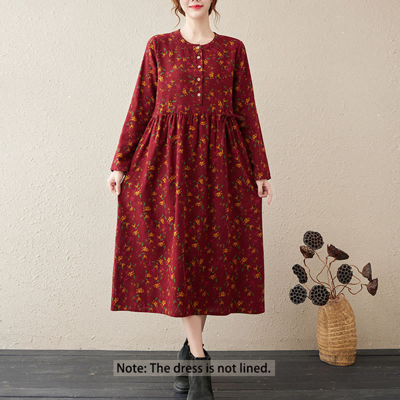 Buddha Stones Ethno-Druck Blumen Langarm Knöpfe Design Baumwolle Leinen Midikleid mit Taschen - image 12