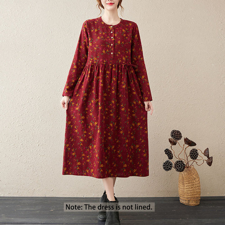 Buddha Stones Ethno-Druck Blumen Langarm Knöpfe Design Baumwolle Leinen Midikleid mit Taschen - image 12