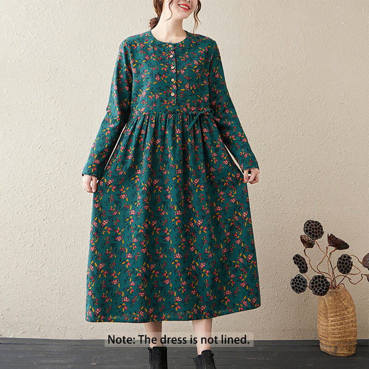 Buddha Stones Ethno-Druck Blumen Langarm Knöpfe Design Baumwolle Leinen Midikleid mit Taschen - image 7