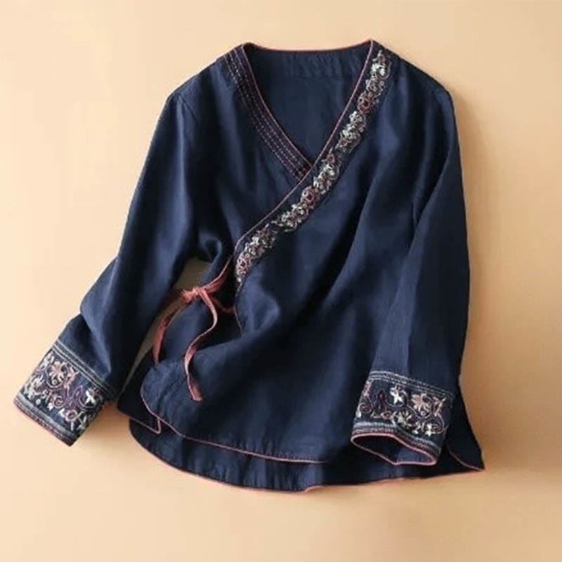Buddha Stones Lässiges Damenhemd aus Baumwolle mit bestickten Blumen, schrägem Kragen und Riemen - Marine - US12， UK/AU16，EU44 (3XL) - image 10
