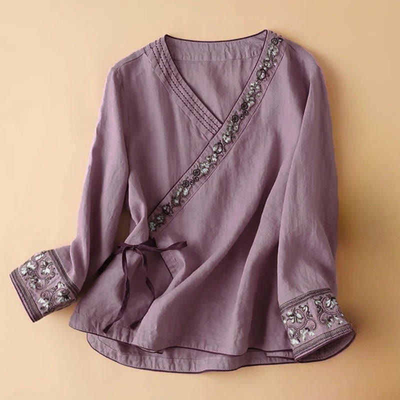 Buddha Stones Lässiges Damenhemd aus Baumwolle mit bestickten Blumen, schrägem Kragen und Riemen - Orchidee - US12， UK/AU16，EU44 (3XL) - image 7
