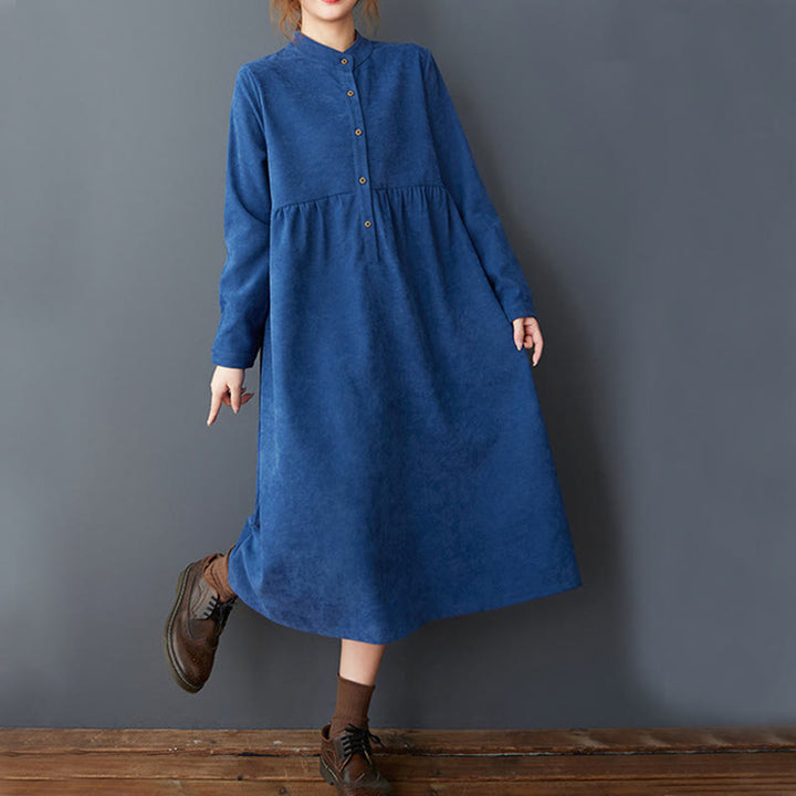 Buddha Stones – Langärmliges Midikleid aus Thermo-Baumwolle und Leinen mit schlichtem Knopfdesign und Taschen - image 15