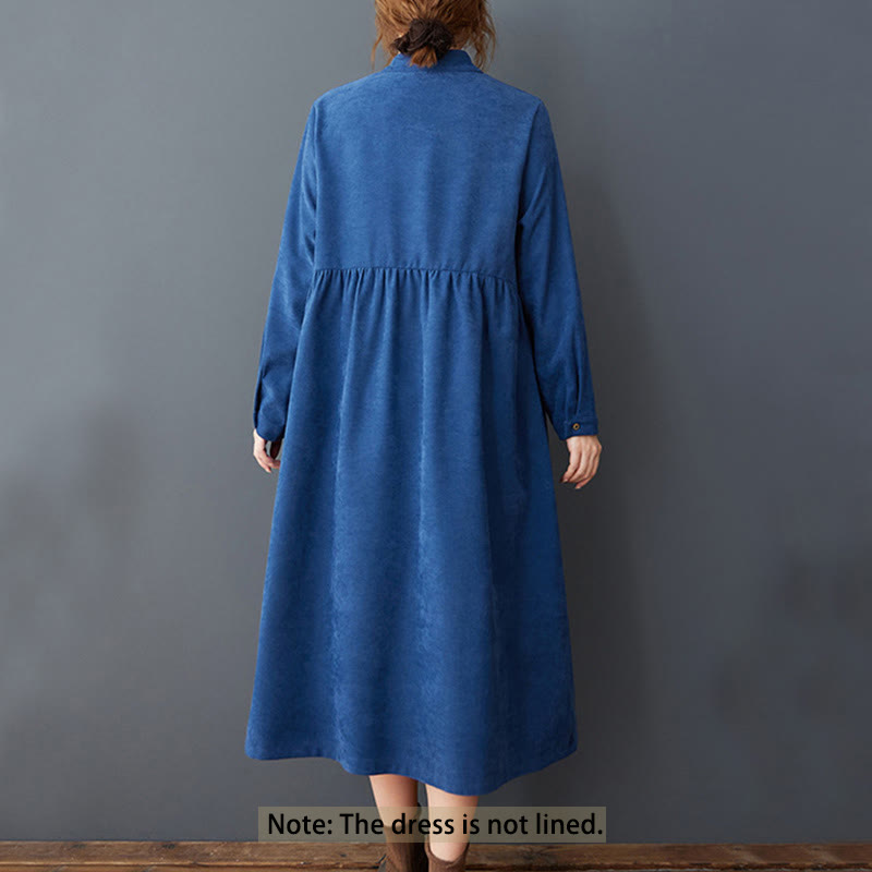 Buddha Stones – Langärmliges Midikleid aus Thermo-Baumwolle und Leinen mit schlichtem Knopfdesign und Taschen - image 15
