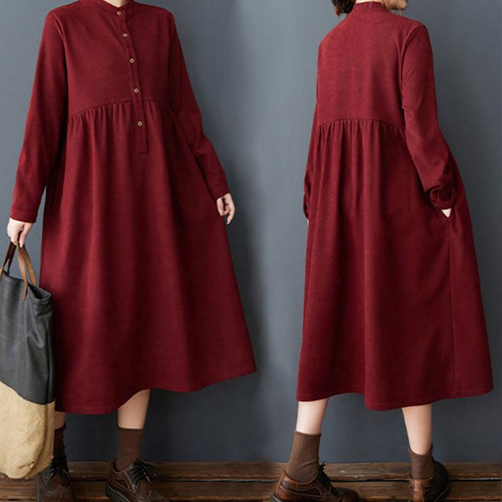 Buddha Stones – Langärmliges Midikleid aus Thermo-Baumwolle und Leinen mit schlichtem Knopfdesign und Taschen - image 26