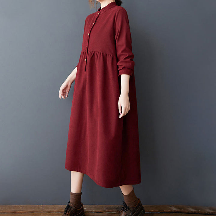 Buddha Stones – Langärmliges Midikleid aus Thermo-Baumwolle und Leinen mit schlichtem Knopfdesign und Taschen - image 25