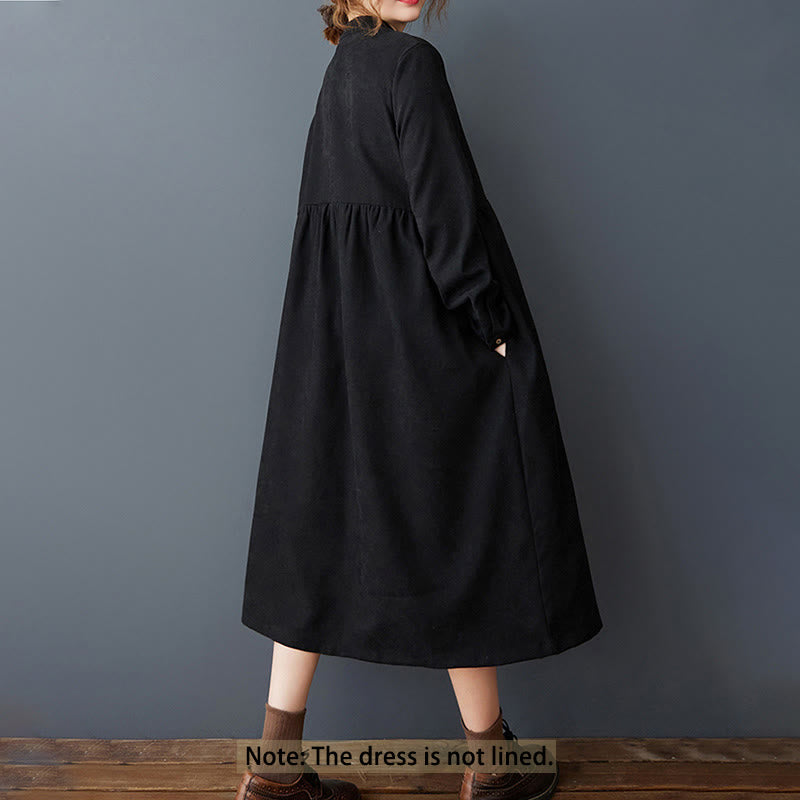 Buddha Stones – Langärmliges Midikleid aus Thermo-Baumwolle und Leinen mit schlichtem Knopfdesign und Taschen - image 1