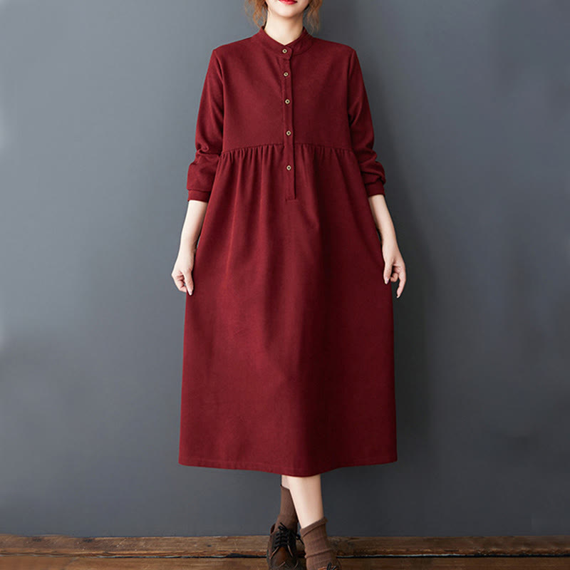 Buddha Stones – Langärmliges Midikleid aus Thermo-Baumwolle und Leinen mit schlichtem Knopfdesign und Taschen - image 23