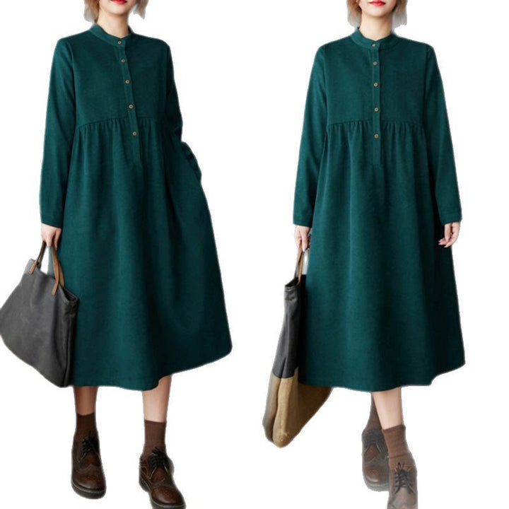 Buddha Stones – Langärmliges Midikleid aus Thermo-Baumwolle und Leinen mit schlichtem Knopfdesign und Taschen - image 12