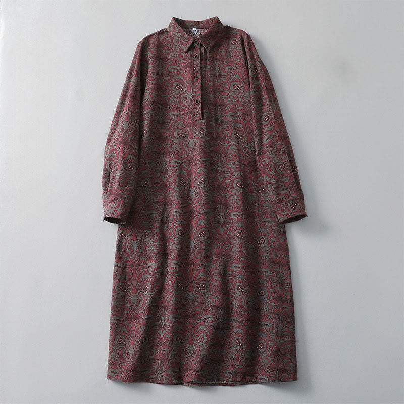 Buddha Stones Braunes bedrucktes Blumenmuster-Revers-Midikleid aus Baumwolle und Leinen mit langen Ärmeln und Taschen - Braun - US 8-10, UK/AU 12-14, EU 40-42 (2XL) - image 0