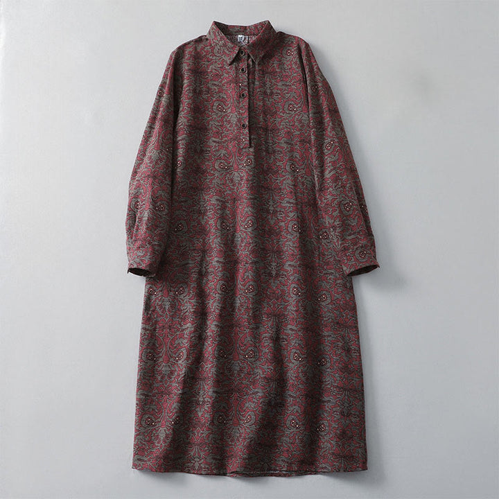 Buddha Stones Braunes bedrucktes Blumenmuster-Revers-Midikleid aus Baumwolle und Leinen mit langen Ärmeln und Taschen - Braun - US 8-10, UK/AU 12-14, EU 40-42 (2XL) - image 0