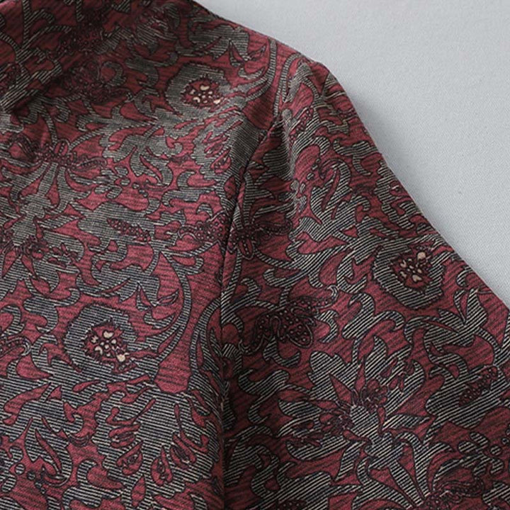Buddha Stones Braunes bedrucktes Blumenmuster-Revers-Midikleid aus Baumwolle und Leinen mit langen Ärmeln und Taschen - image 5