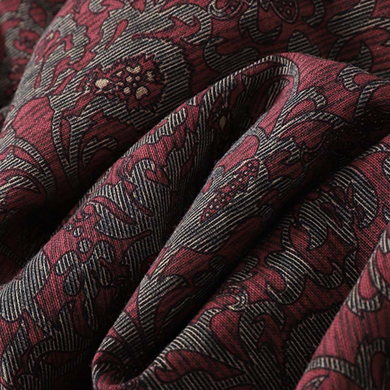Buddha Stones Braunes bedrucktes Blumenmuster-Revers-Midikleid aus Baumwolle und Leinen mit langen Ärmeln und Taschen - image 9