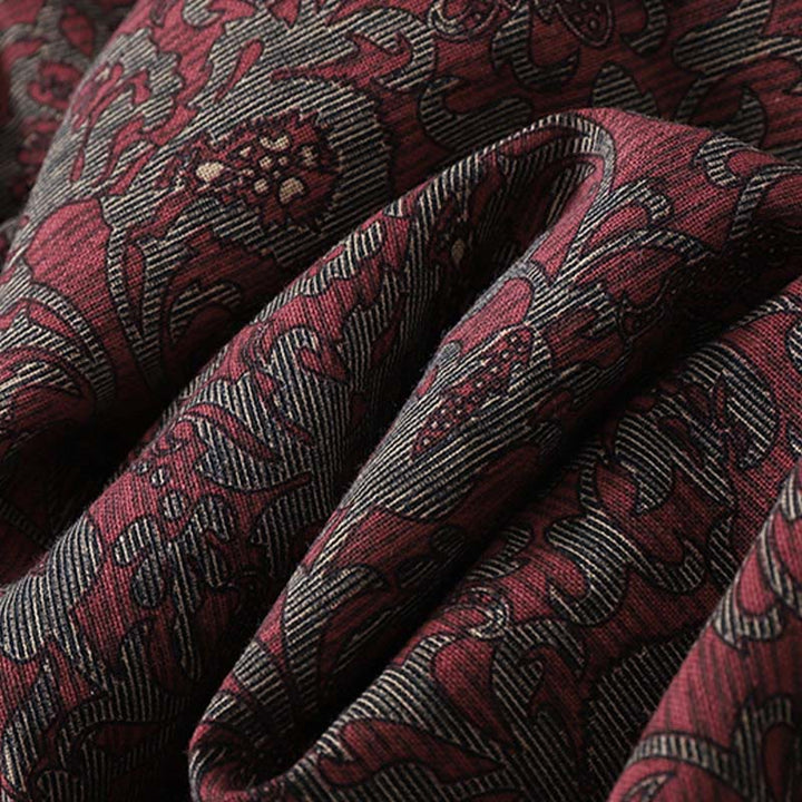 Buddha Stones Braunes bedrucktes Blumenmuster-Revers-Midikleid aus Baumwolle und Leinen mit langen Ärmeln und Taschen - image 8