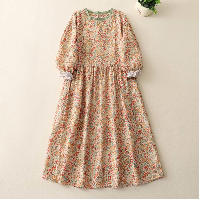 Buddha Stones – Lässiges Midikleid aus Baumwolle und Leinen mit Blumenspitze, Rundhalsausschnitt und langen Ärmeln und Taschen - Khaki - US8-10， UK/AU12-14，EU40-42 (2XL) - image 5