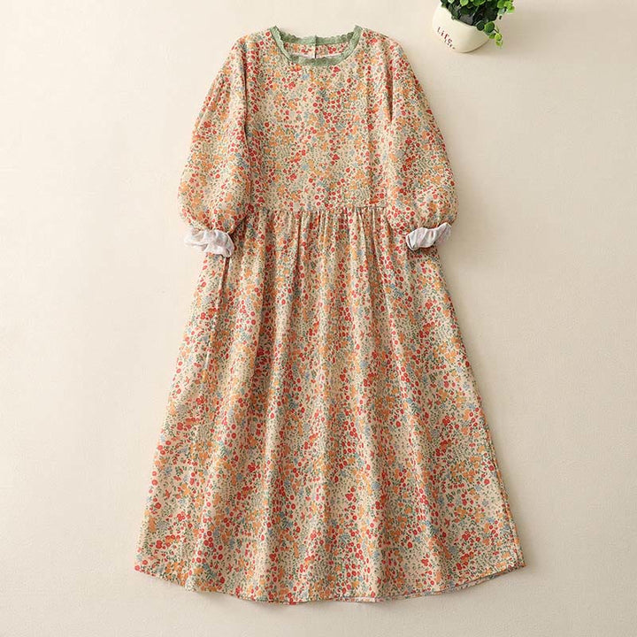 Buddha Stones – Lässiges Midikleid aus Baumwolle und Leinen mit Blumenspitze, Rundhalsausschnitt und langen Ärmeln und Taschen - Khaki - US8-10， UK/AU12-14，EU40-42 (2XL) - image 5