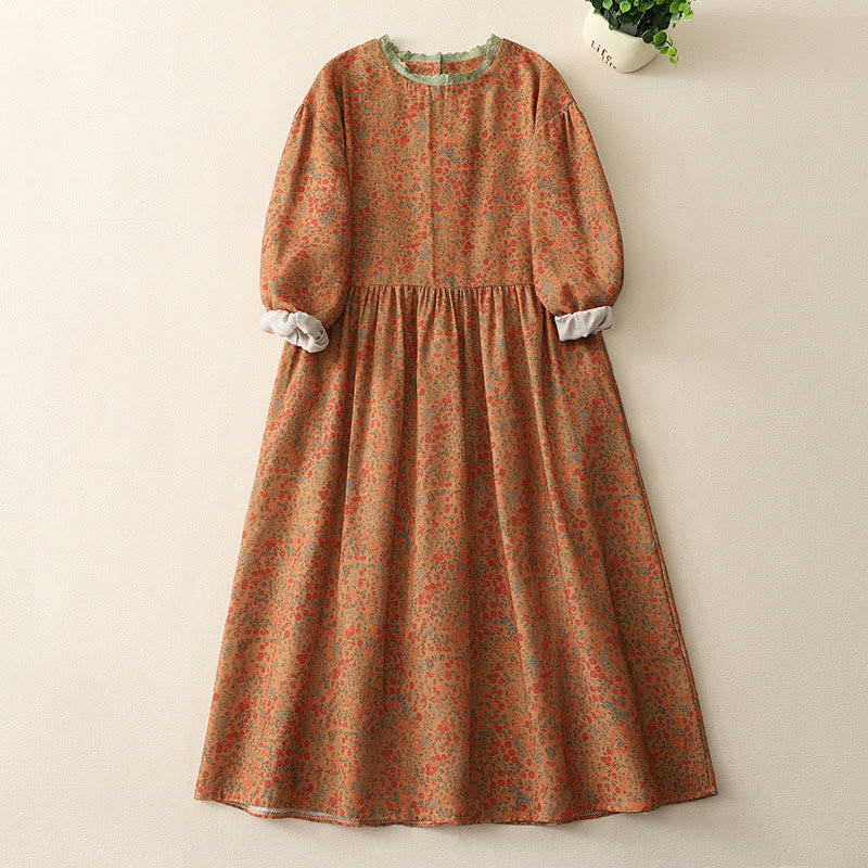 Buddha Stones – Lässiges Midikleid aus Baumwolle und Leinen mit Blumenspitze, Rundhalsausschnitt und langen Ärmeln und Taschen - DunkelOrange - US8-10， UK/AU12-14，EU40-42 (2XL) - image 1