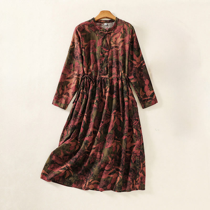 Langärmliges Midikleid aus Baumwolle und Leinen mit Buddha Stones -Druck, Kordelzug und Froschknopf und Taschen - Braun - US8-10， UK/AU12-14，EU40-42 (2XL) - image 9