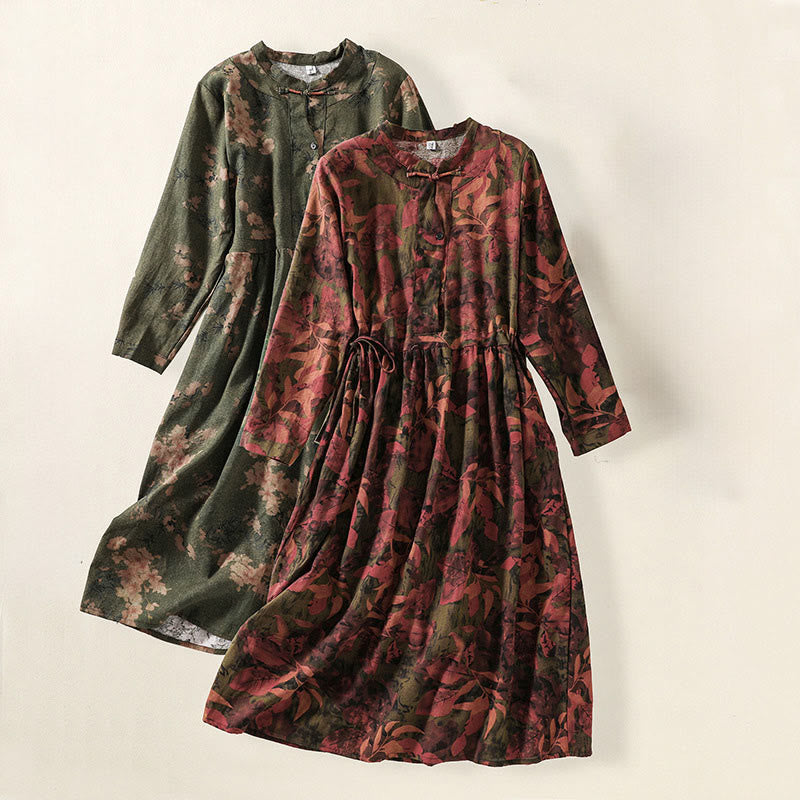 Langärmliges Midikleid aus Baumwolle und Leinen mit Buddha Stones -Druck, Kordelzug und Froschknopf und Taschen - image 20