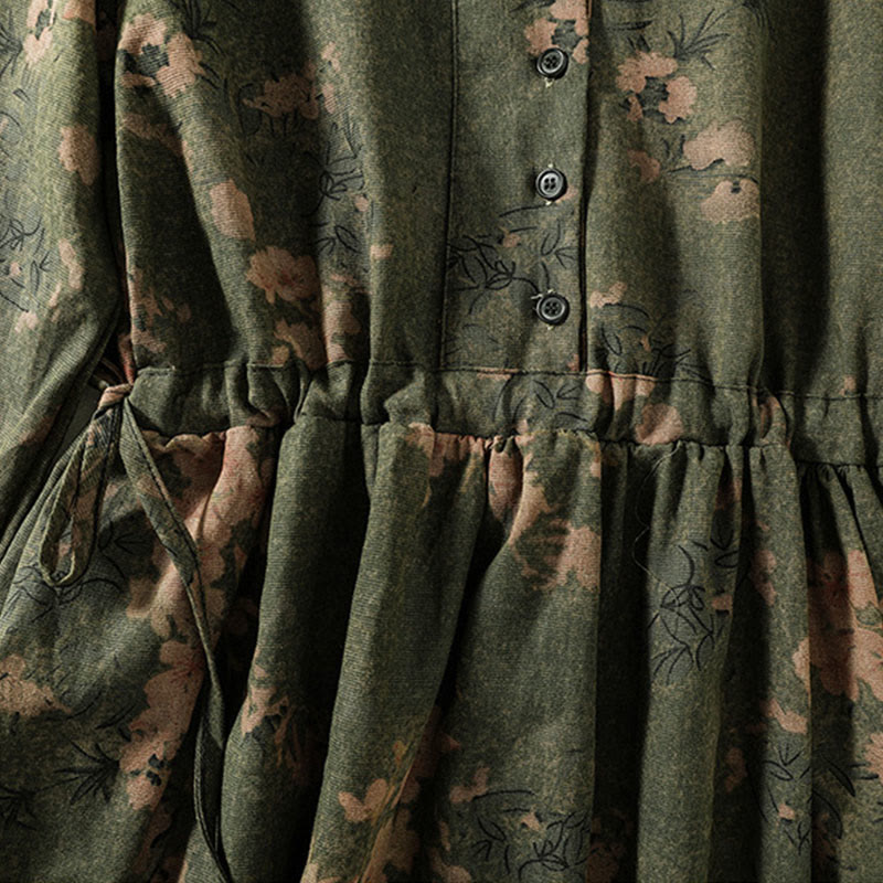 Langärmliges Midikleid aus Baumwolle und Leinen mit Buddha Stones -Druck, Kordelzug und Froschknopf und Taschen - image 5