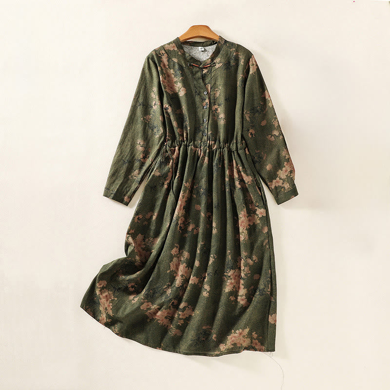 Langärmliges Midikleid aus Baumwolle und Leinen mit Buddha Stones -Druck, Kordelzug und Froschknopf und Taschen - DunkelOlivGrün - US8-10， UK/AU12-14，EU40-42 (2XL) - image 1