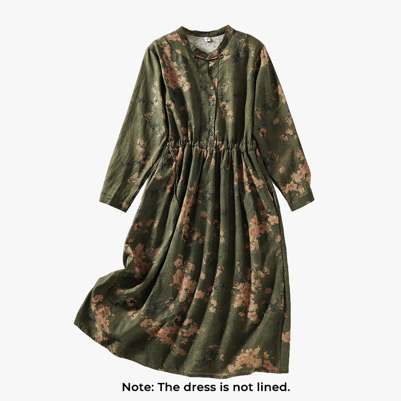 Langärmliges Midikleid aus Baumwolle und Leinen mit Buddha Stones -Druck, Kordelzug und Froschknopf und Taschen - image 2