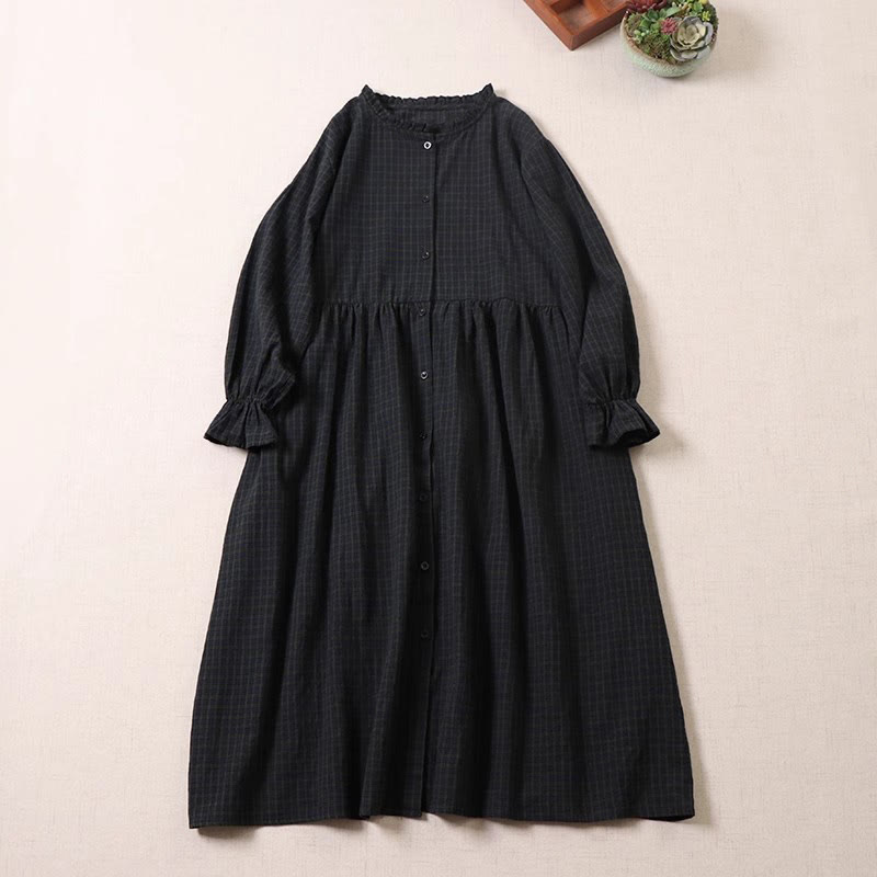 Buddha Stones – Langärmliges, kariertes Midikleid aus Baumwolle und Leinen mit einfachen Knöpfen und Rüschen - Schwarz Dunkelgrün Plaid - US8-10， UK/AU12-14，EU40-42 (2XL) - image 0