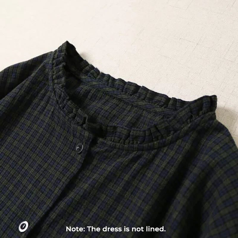 Buddha Stones Langarm-Karokleid mit schlichten Knöpfen, Rüschen und Taschen - image 1