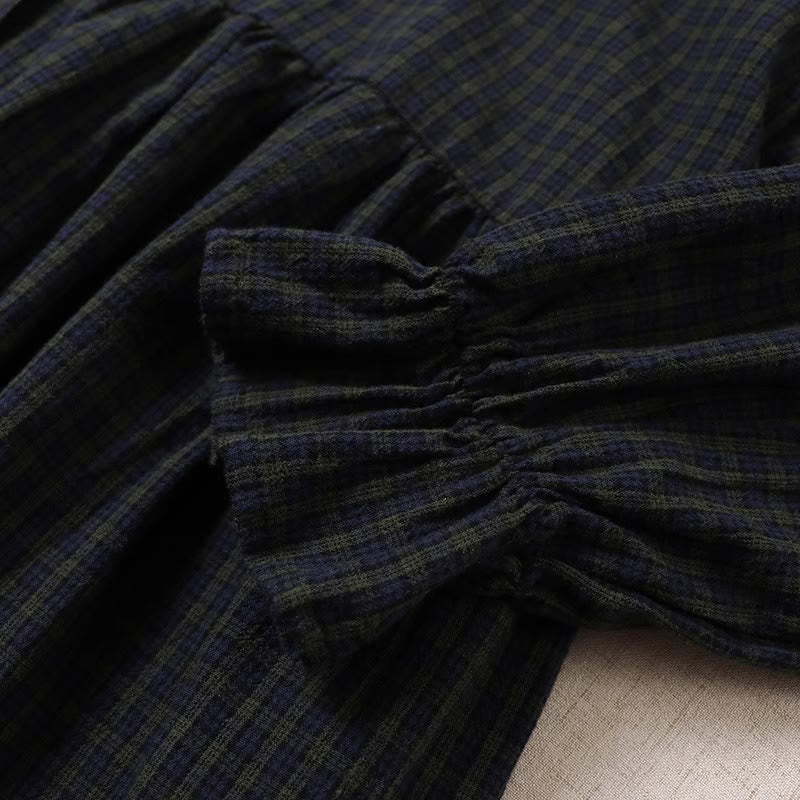 Buddha Stones Langarm-Karokleid mit schlichten Knöpfen, Rüschen und Taschen - image 5