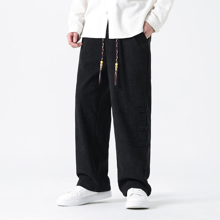 Buddha Stones Schlichte Herren-Cordhose mit chinesischem Frosch-Knopf-Design und Kordelzug und Taschen - Schwarz - US/ UK/AU48，EU58 (5XL) - image 12