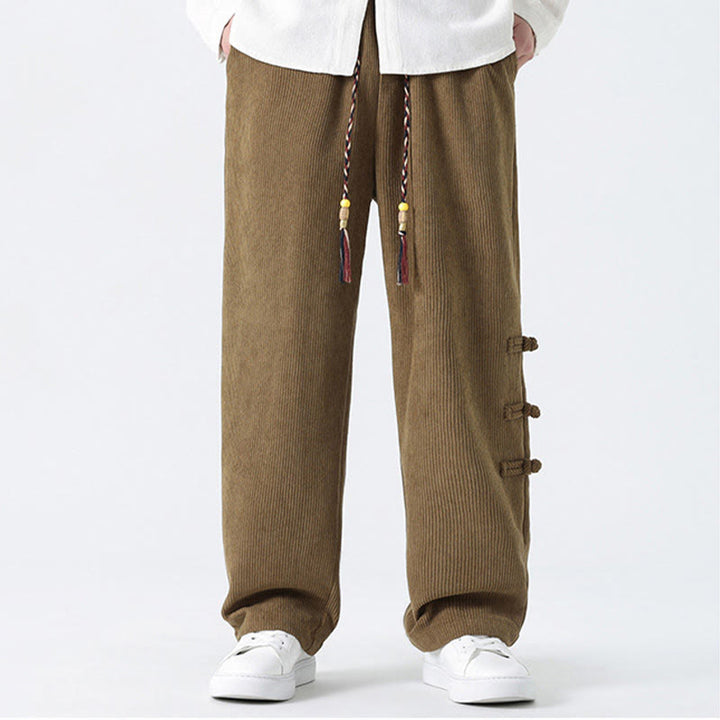 Buddha Stones Schlichte Herren-Cordhose mit chinesischem Frosch-Knopf-Design und Kordelzug und Taschen - image 8